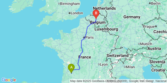 Map: Brussels Midi Train Station to Duras