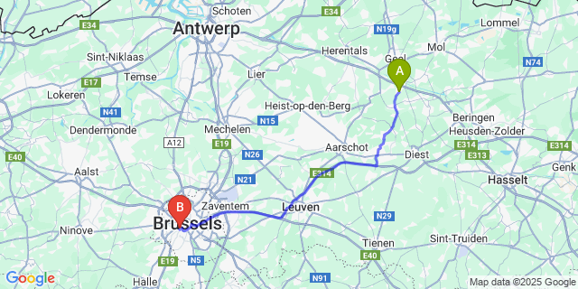 Map: Brussels Midi Train Station to Eindhout