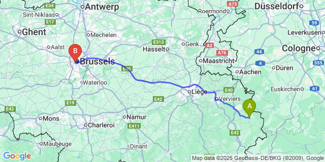 Map: Brussels Midi Train Station to Elsenborn