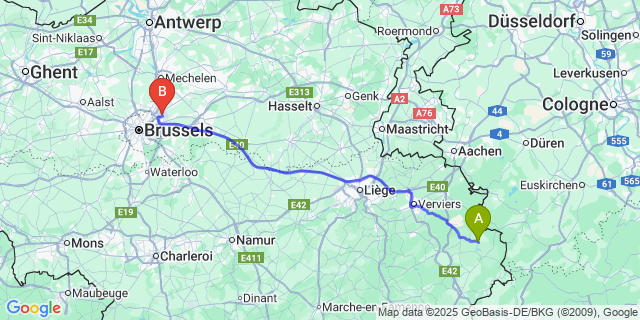 Map: Brussels Zaventem Airport (BRU) to Elsenborn