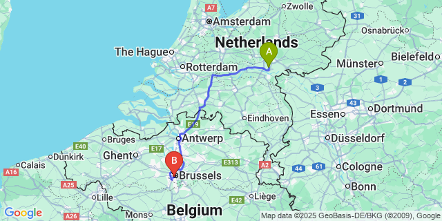 Map: Brussels Midi Train Station to Elst