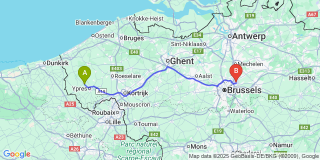 Map: Brussels Zaventem Airport (BRU) to Elverdinge