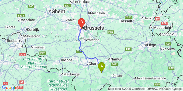 Map: Brussels Midi Train Station to Ermeton-Sur-Biert