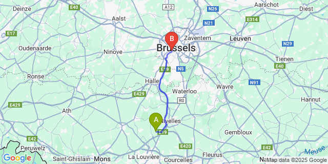 Map: Brussels Midi Train Station to Feluy