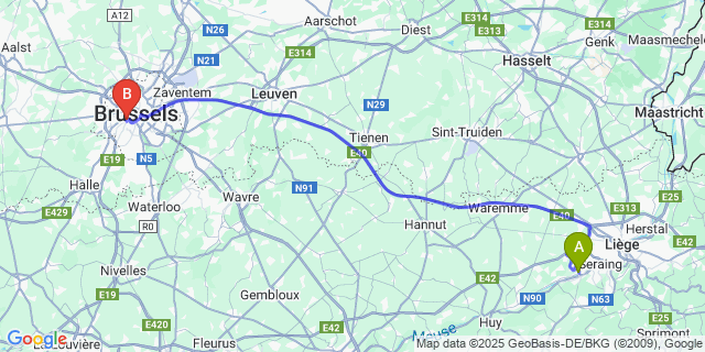 Map: Brussels Midi Train Station to Flémalle