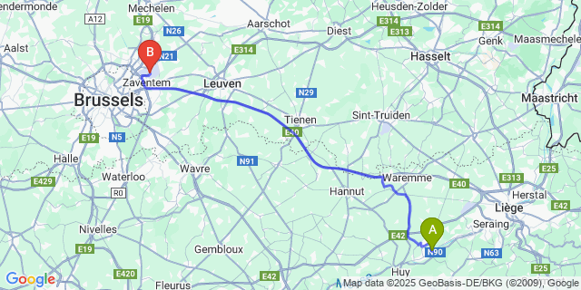 Map: Brussels Zaventem Airport (BRU) to Flône