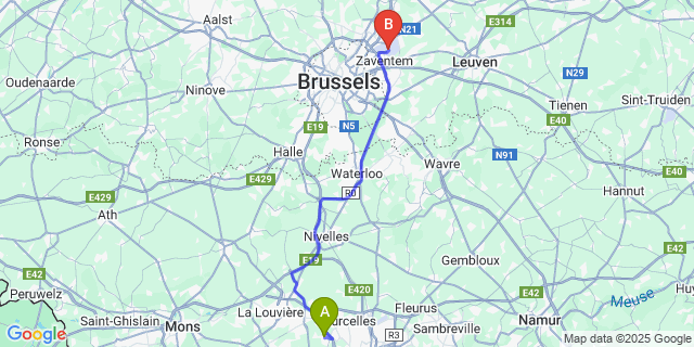 Map: Brussels Zaventem Airport (BRU) to Forchies-La-Marche