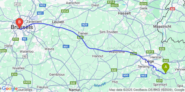 Map: Brussels Midi Train Station to Fraipont