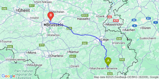 Map: Brussels Zaventem Airport (BRU) to Fraiture