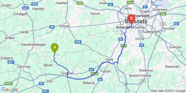 Map: Brussels Midi Train Station to Galmaarden