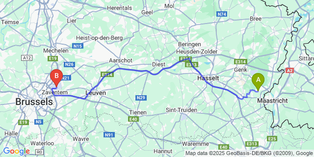 Map: Brussels Zaventem Airport (BRU) to Gellik