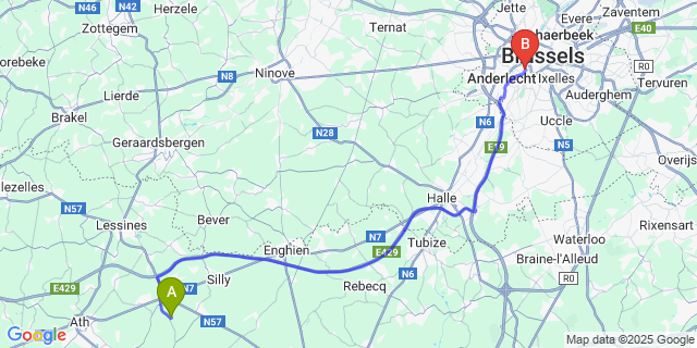 Map: Brussels Midi Train Station to Gibecq