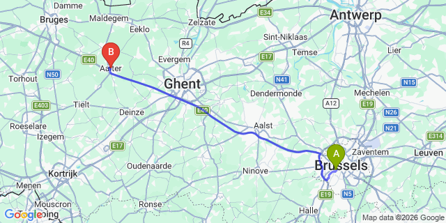 Map: Brussels Midi Train Station to Aalter