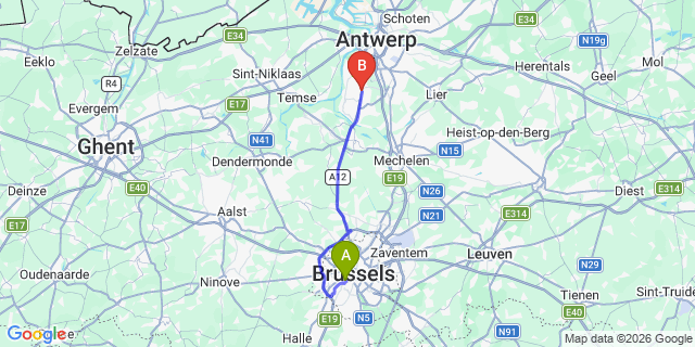 Map: Brussels Midi Train Station to Aartselaar