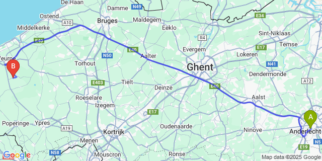Map: Brussels Midi Train Station to Alveringem