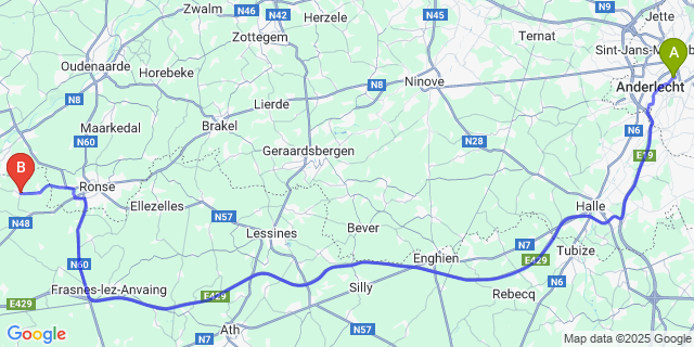 Map: Brussels Midi Train Station to Amougies