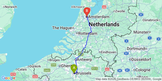 Map: Brussels Midi Train Station to Amsterdam (all areas)