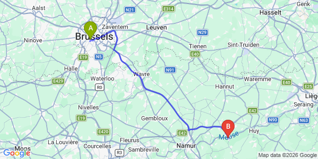 Map: Brussels Midi Train Station to Andenne
