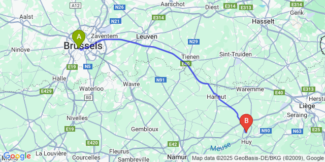Map: Brussels Midi Train Station to Antheit
