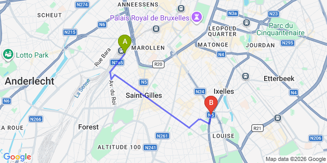 Map: Brussels Midi Train Station to Aparthotel Wellington, Brussels