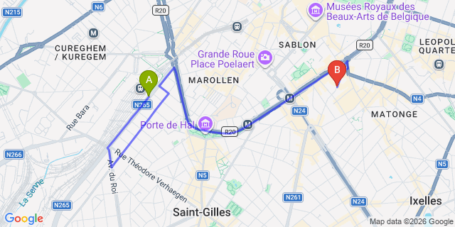 Map: Brussels Midi Train Station to Aqua Hotel Bruxelles by HappyCulture, Brussels