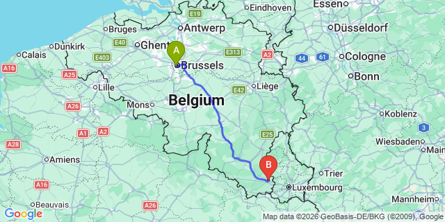 Map: Brussels Midi Train Station to Arlon