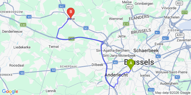Map: Brussels Midi Train Station to Asse