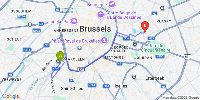 Map: Brussels Midi Train Station to B-aparthotel Ambiorix, Brussels