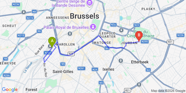 Map: Brussels Midi Train Station to B&B A Cote du Cinquantenaire, Brussels