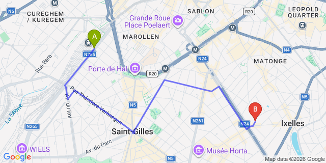 Map: Brussels Midi Train Station to B&B HOTEL Brussels Centre Louise