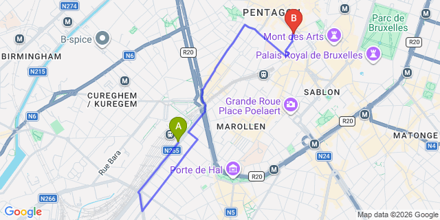 Map: Brussels Midi Train Station to B&B Le Coup De Coeur, Brussels