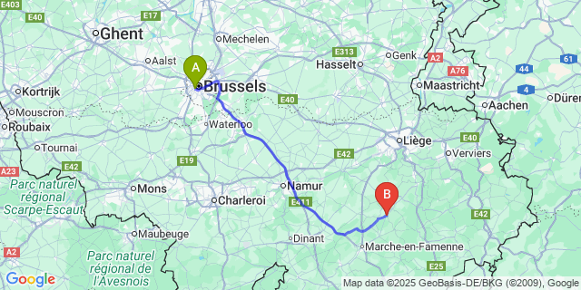 Map: Brussels Midi Train Station to Barvaux