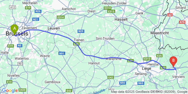 Map: Brussels Midi Train Station to Battice