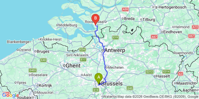 Map: Brussels Midi Train Station to Bergen op Zoom
