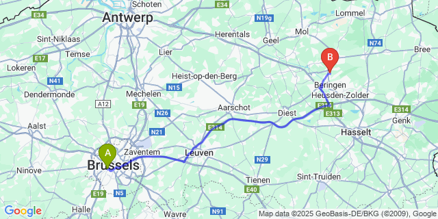 Map: Brussels Midi Train Station to Beringen-Mijn
