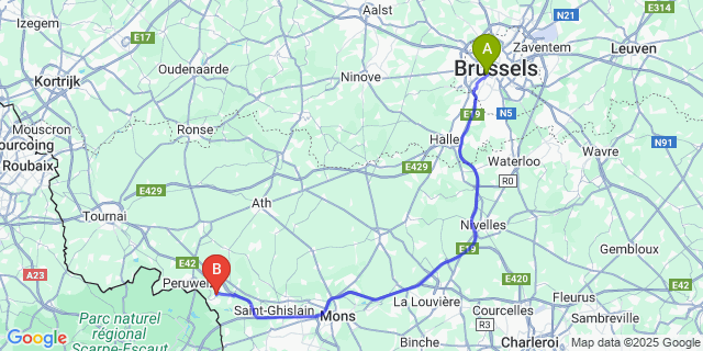Map: Brussels Midi Train Station to Bernissart