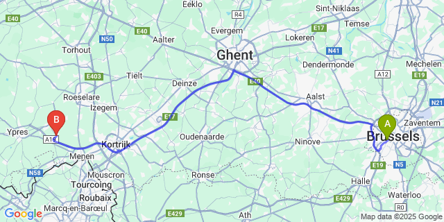 Map: Brussels Midi Train Station to Beselare