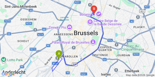 Map: Brussels Midi Train Station to Best Western City Centre, Brussels