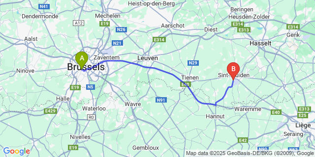 Map: Brussels Midi Train Station to Bevingen