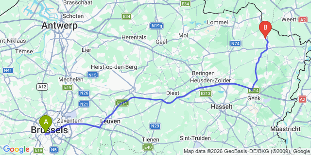 Map: Brussels Midi Train Station to Bocholt