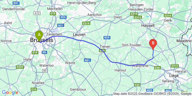 Map: Brussels Midi Train Station to Bommershoven