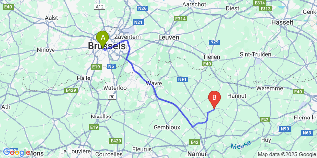 Map: Brussels Midi Train Station to Boneffe