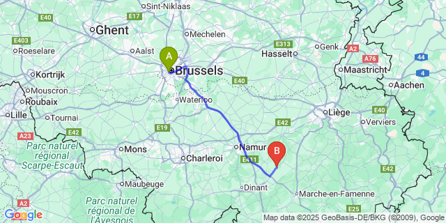 Map: Brussels Midi Train Station to Bormenville