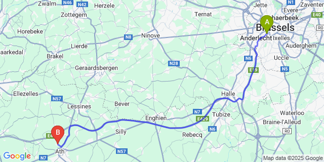 Map: Brussels Midi Train Station to Bouvignies