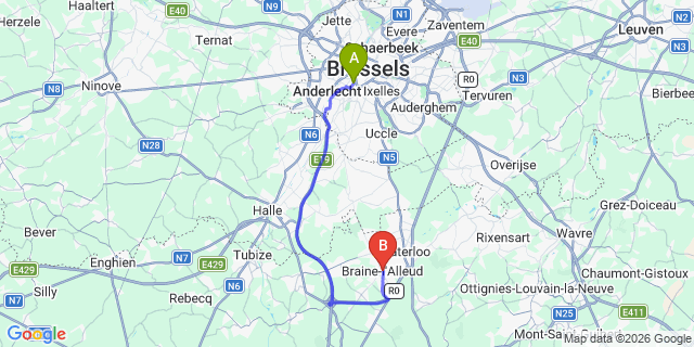Map: Brussels Midi Train Station to Braine-l’Alleud