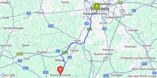 Map: Brussels Midi Train Station to Braine-le-Comte