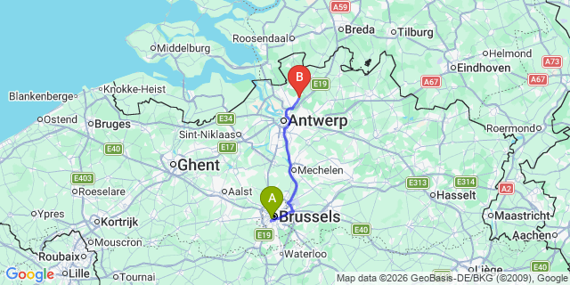 Map: Brussels Midi Train Station to Brasschaat