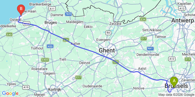 Map: Brussels Midi Train Station to Bredene