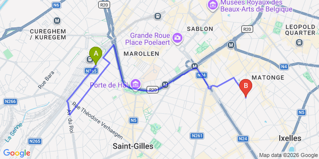 Map: Brussels Midi Train Station to Brussels Benit Ixelles Residence, Brussels