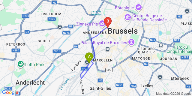 Map: Brussels Midi Train Station to Brussels Marriott Hotel Grand Place, Brussels